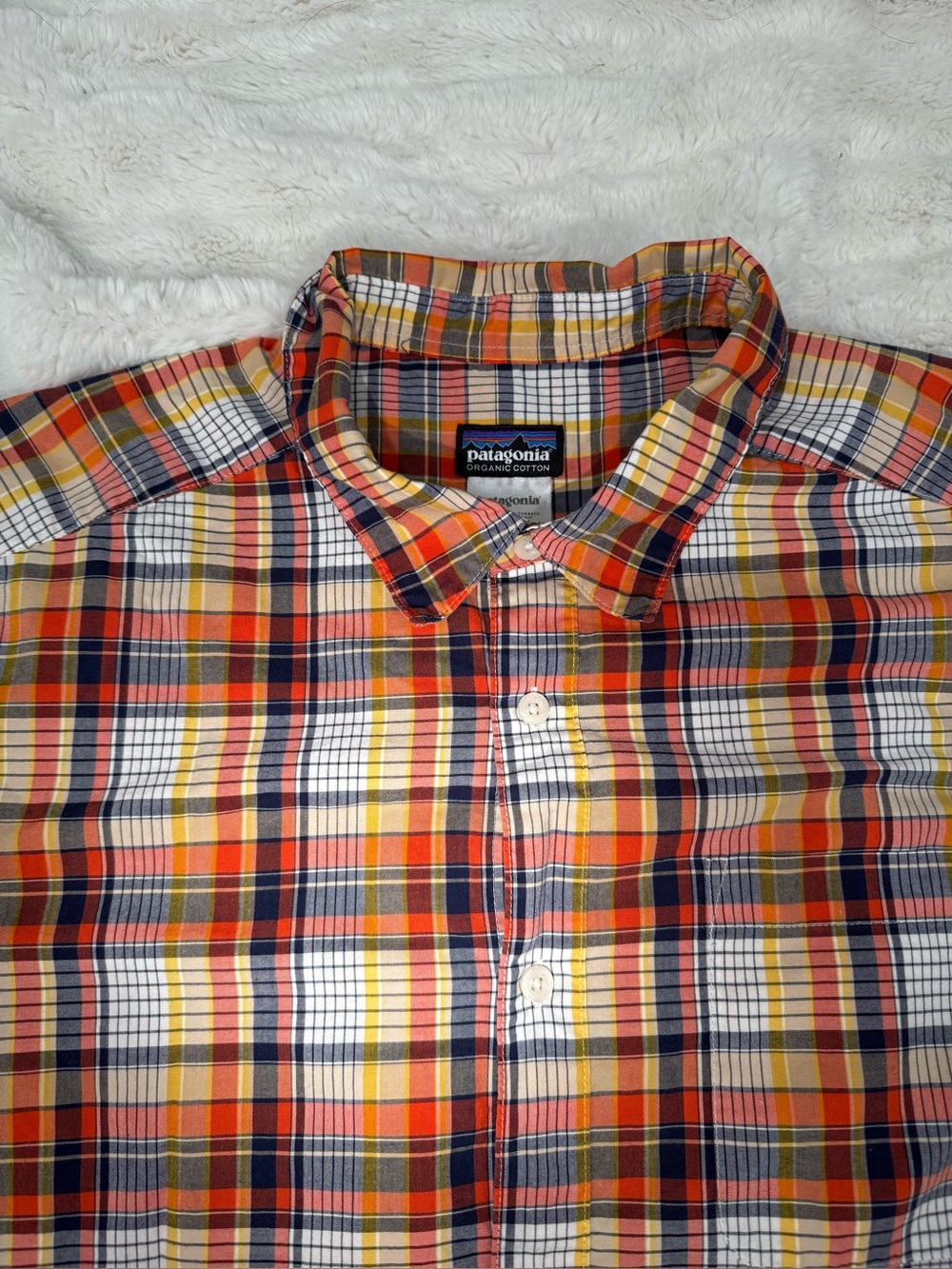 Patagonia Men’s Orange, Navy & Yellow Plaid Button-Down Shirt